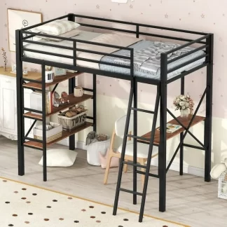 FUNAP Metal Twin Loft Bed with Desk and Storage Shelf, Heavy Duty Metal Loft Bed Frame with 3-Tier Shelves, Built-in Desk and Guardrails, Multifunctional Loft Beds for KidsTeens Adults, Space-Saving