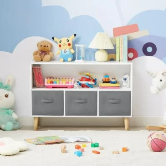 FUNAP Kids Bookshelf and Toy Storage, Wooden Bookshelf and Bookcase, 2-Tier Toddler Storage Display Organizer with Legs, Children's Bookshelf for Living Room, Study Room, Nursery, Playing Room, Gray