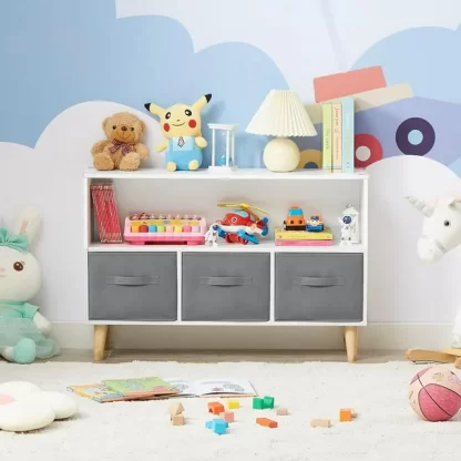 FUNAP Kids Bookshelf and Toy Storage, Wooden Bookshelf and Bookcase, 2-Tier Toddler Storage Display Organizer with Legs, Children's Bookshelf for Living Room, Study Room, Nursery, Playing Room, Gray