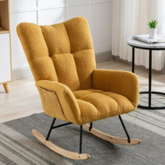 FUNAP Rocking Chair with Pocket, Soft Teddy Fabric Rocking Chair for Nursery, Comfy Wingback Glider Rocker with Safe Solid Wood Base for Living Room Bedroom Balcony, Yellow