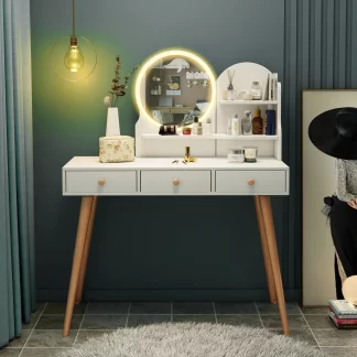 FUNAP Makeup Vanity Desk with LED Lighted Mirror, White Vanity Set with Large Mirror, Small Spaces Vanity Table with for Bedroom, Adjustable 3 Lighting Modes, Makeup Table Gift for Girl, White